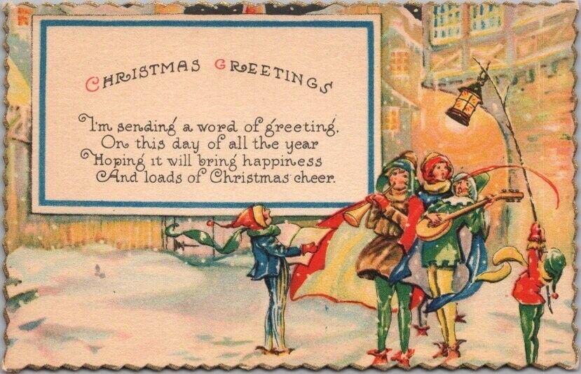 Vintage CHRISTMAS GREETINGS Postcard Minstrels in Street / ART DECO c1920s