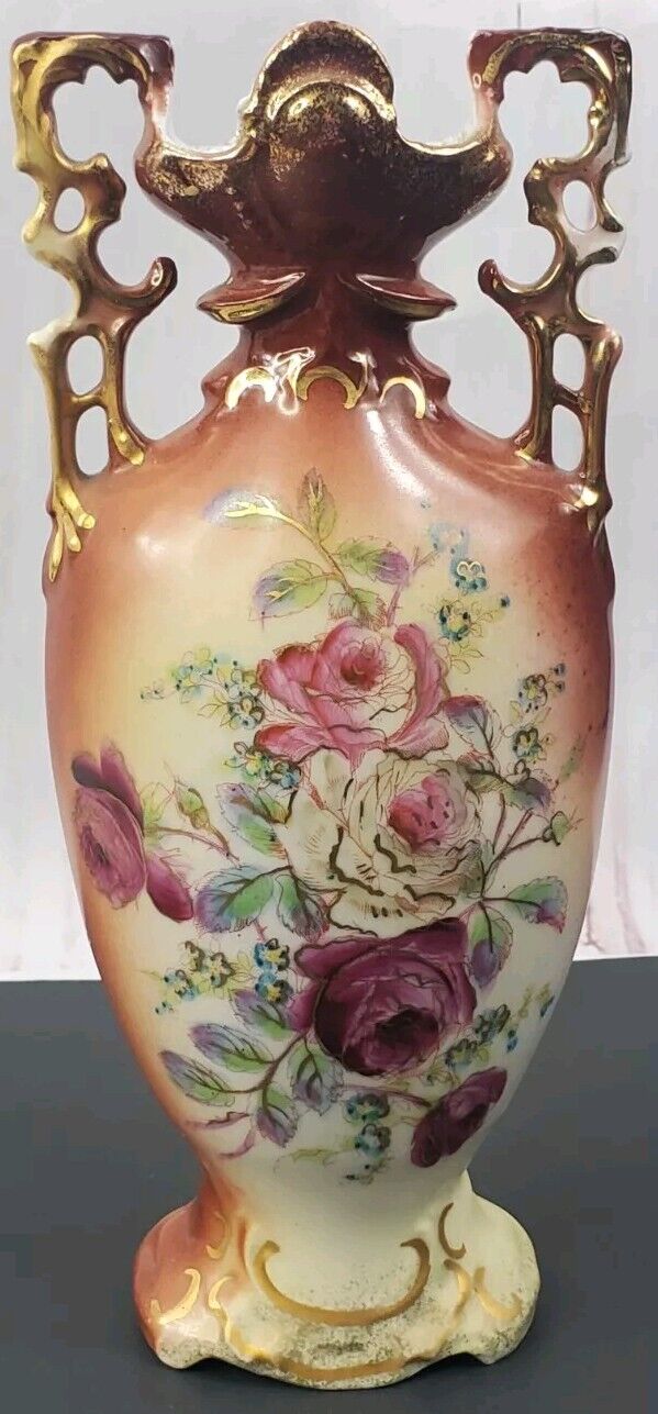 1891 - 1918 Antique Victoria Carlsbad Austria Vase Brown Cream Old Violet Roses