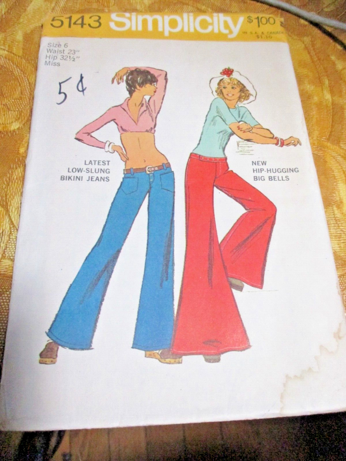 Vintage 1972 Simplicity Pattern 5143 Low Slung Bikini Jeans Hip Hugger Bells 6