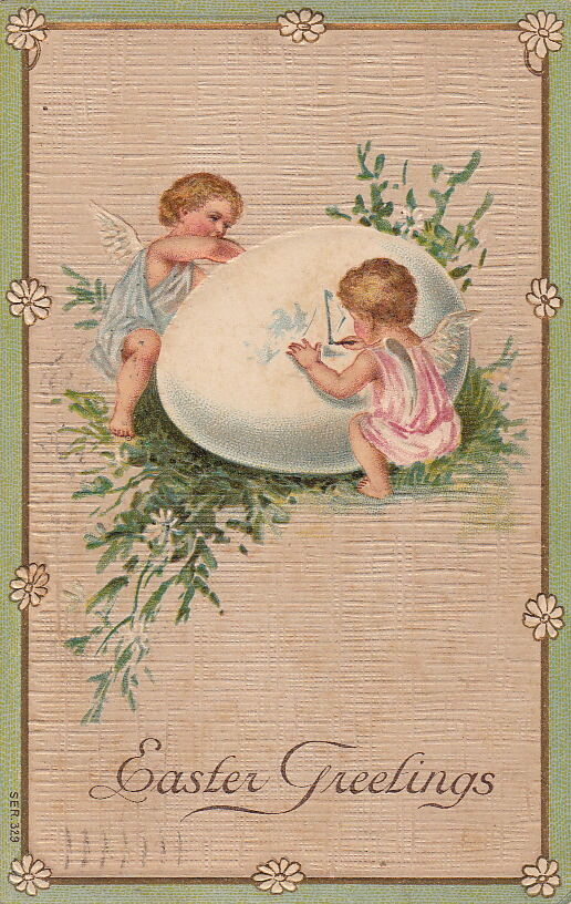 Postcard Easter Greetings Two Angels Drawing on an Egg 1908