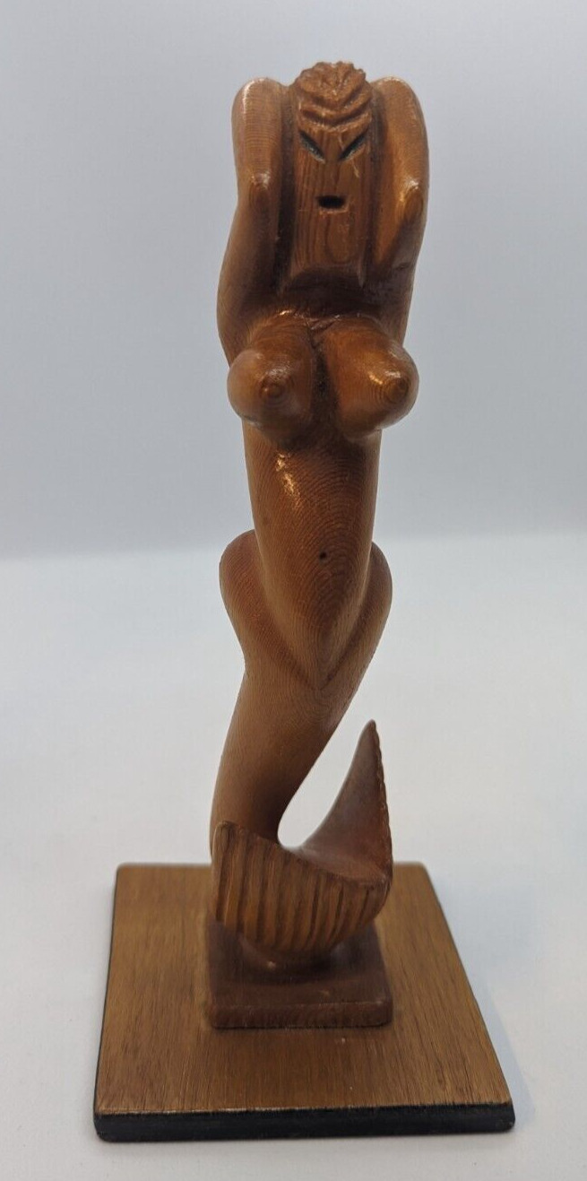Vintage Hand carved wooden nude mermaid statue 7.5’’ H Signed