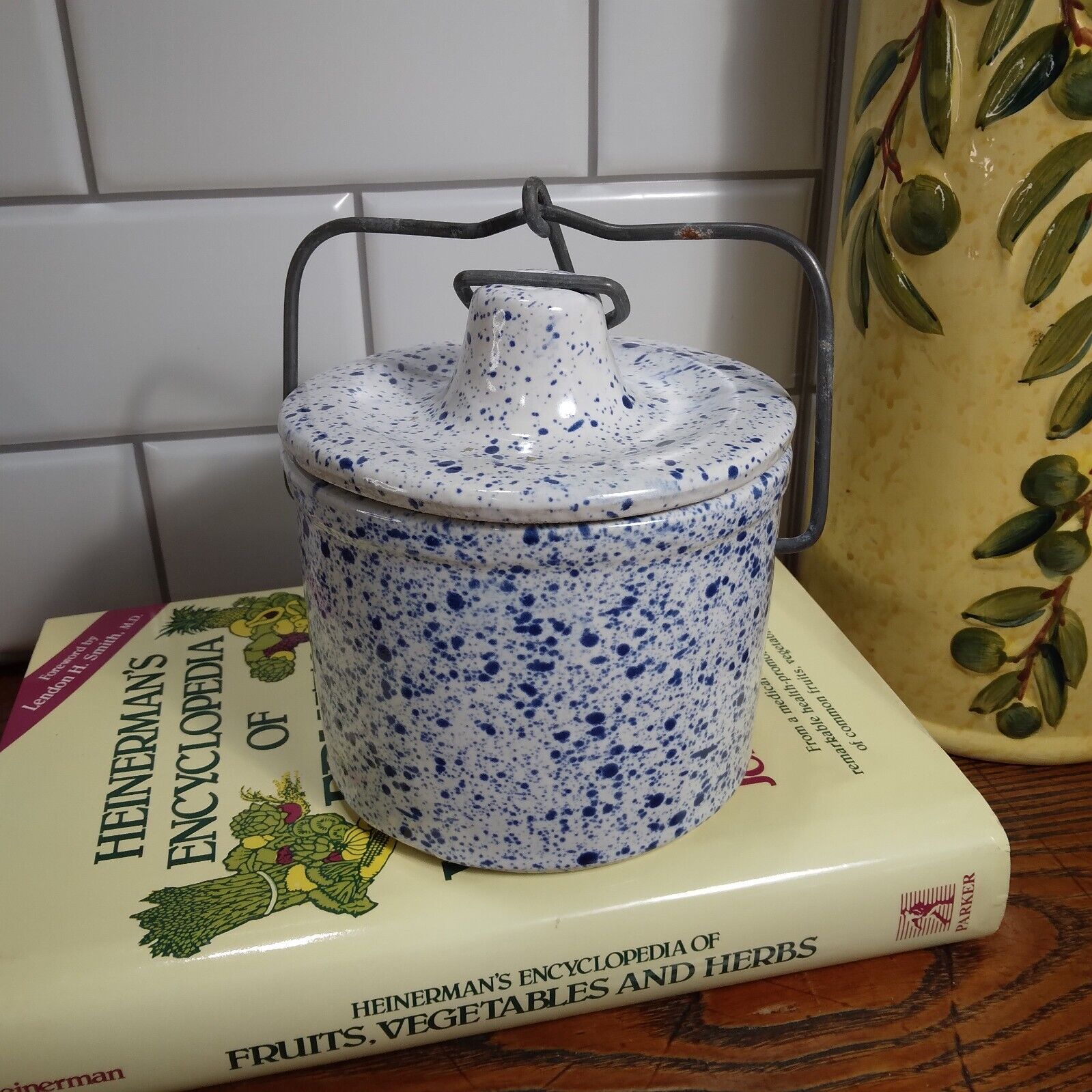 Vintage Blue Speckled Stoneware Cheese/Butter Crock With Wire Bail Lid Closure