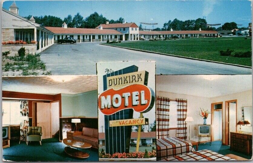 Dunkirk, New York Postcard DUNKIRK MOTEL Roadside / 2 Room Views / 1956 Cancel