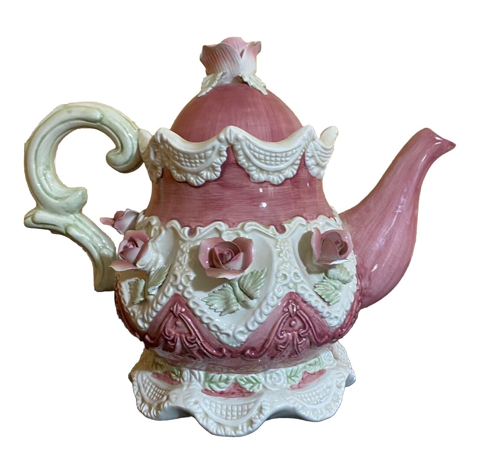 Vintage Majolica Teapot Pink Victorian 3D Roses