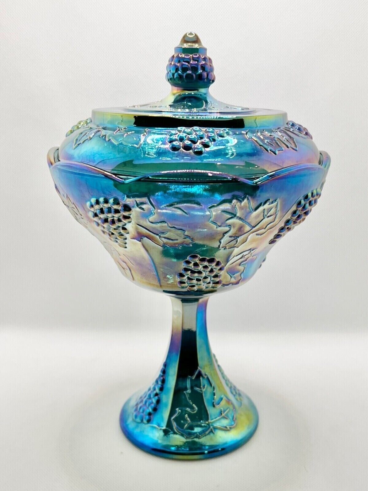 Blue Carnival Glass Pedestal Bowl Harvest Grape design with Lid