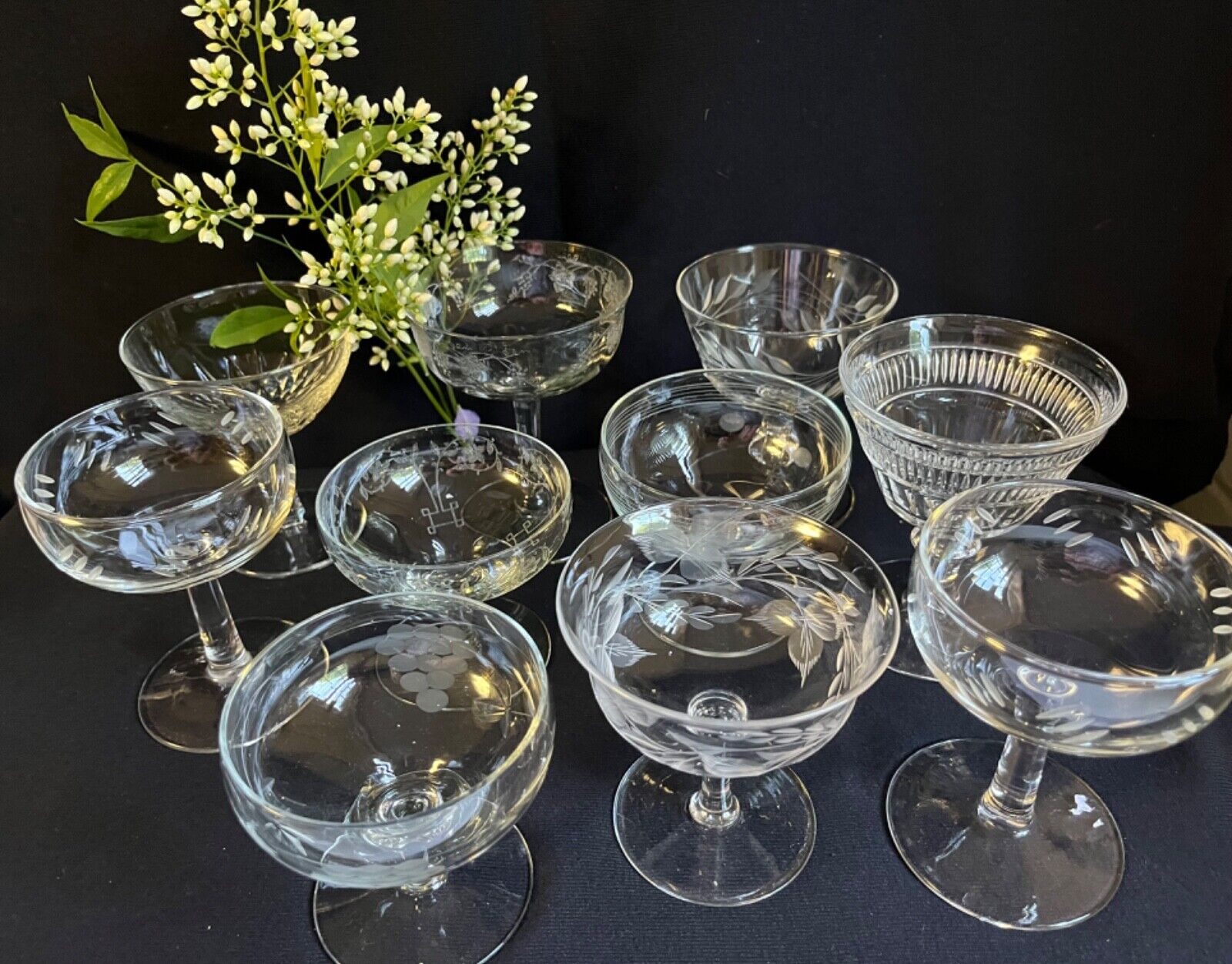 Lot of 10 vintage glass stemware, vaired designs, formal or casual use