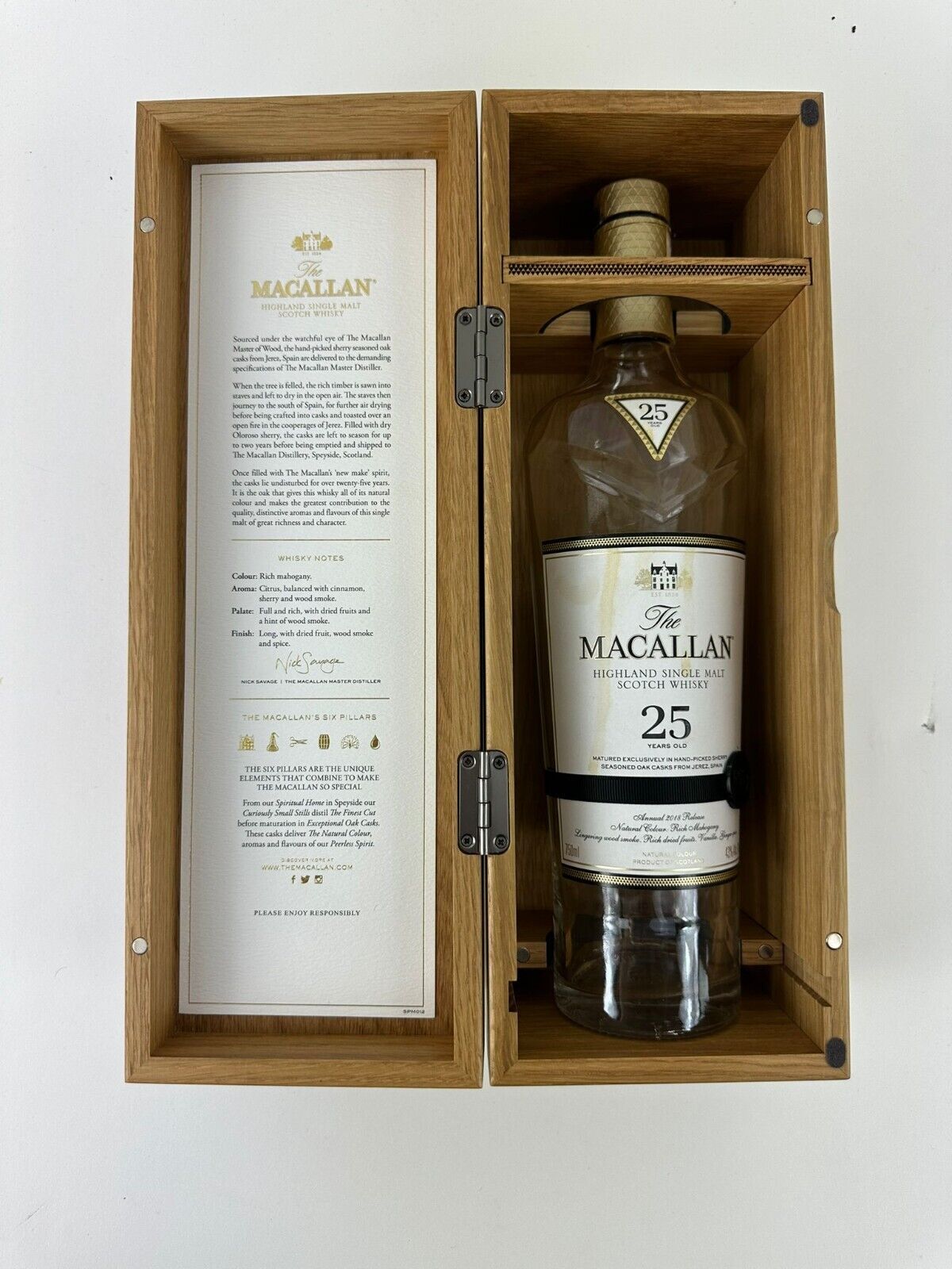 Macallan 25 Year Old Highland Scotch Whisky Single Malt Empty Bottle W/ Box 2018