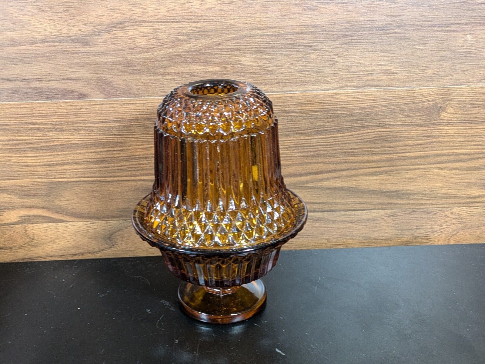 Indiana Glass AMBER Diamond Point FAIRY LAMP 2 Piece Candle Tea Light Vintage