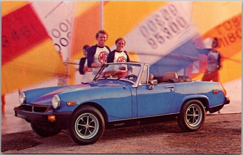 c1960s MG MIDGET Automobile Advertising Postcard Blue Convertible Car / Beach
