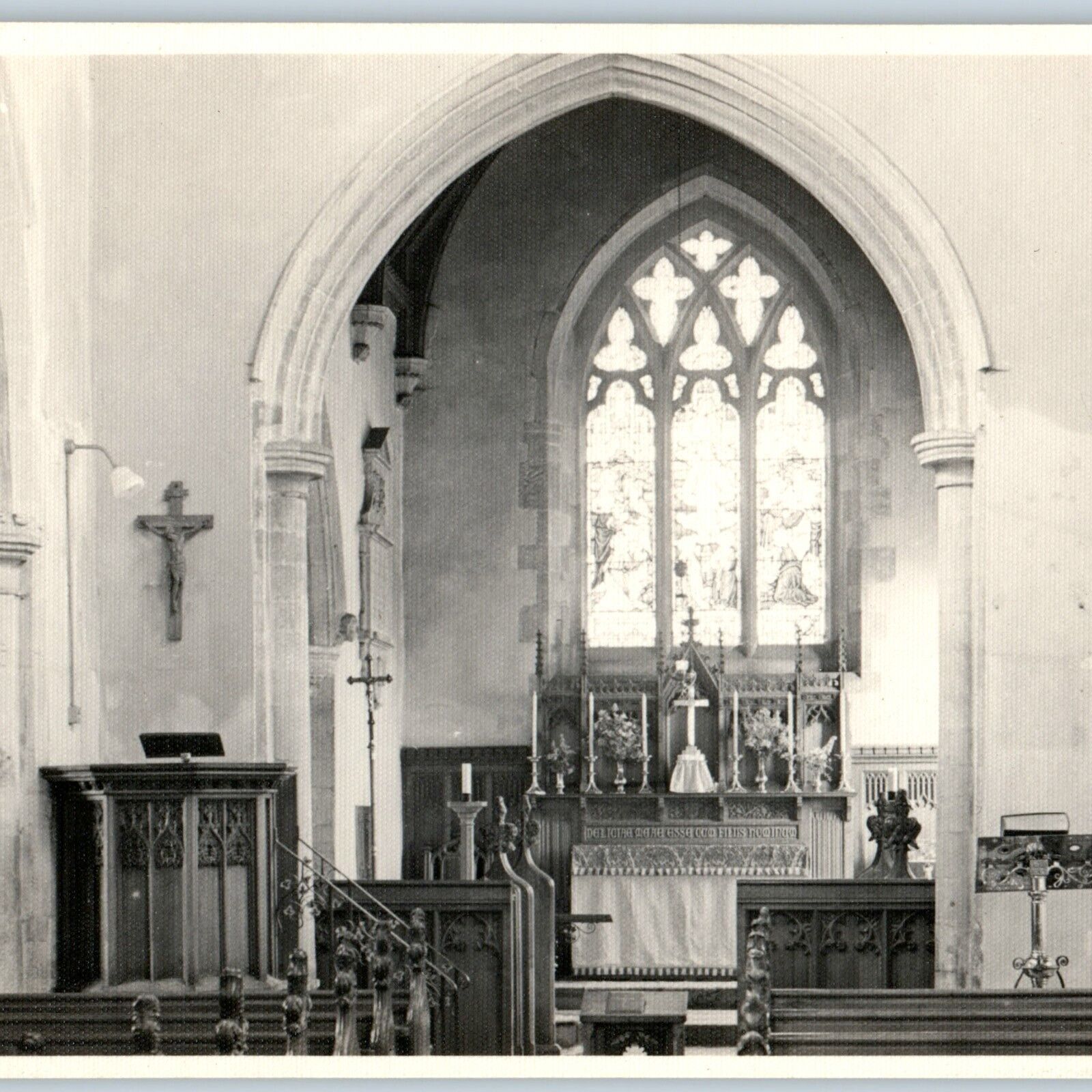 c1950s Mystery Church Chapel Interior Real Photo Snapshot Stain Glass Stone C50