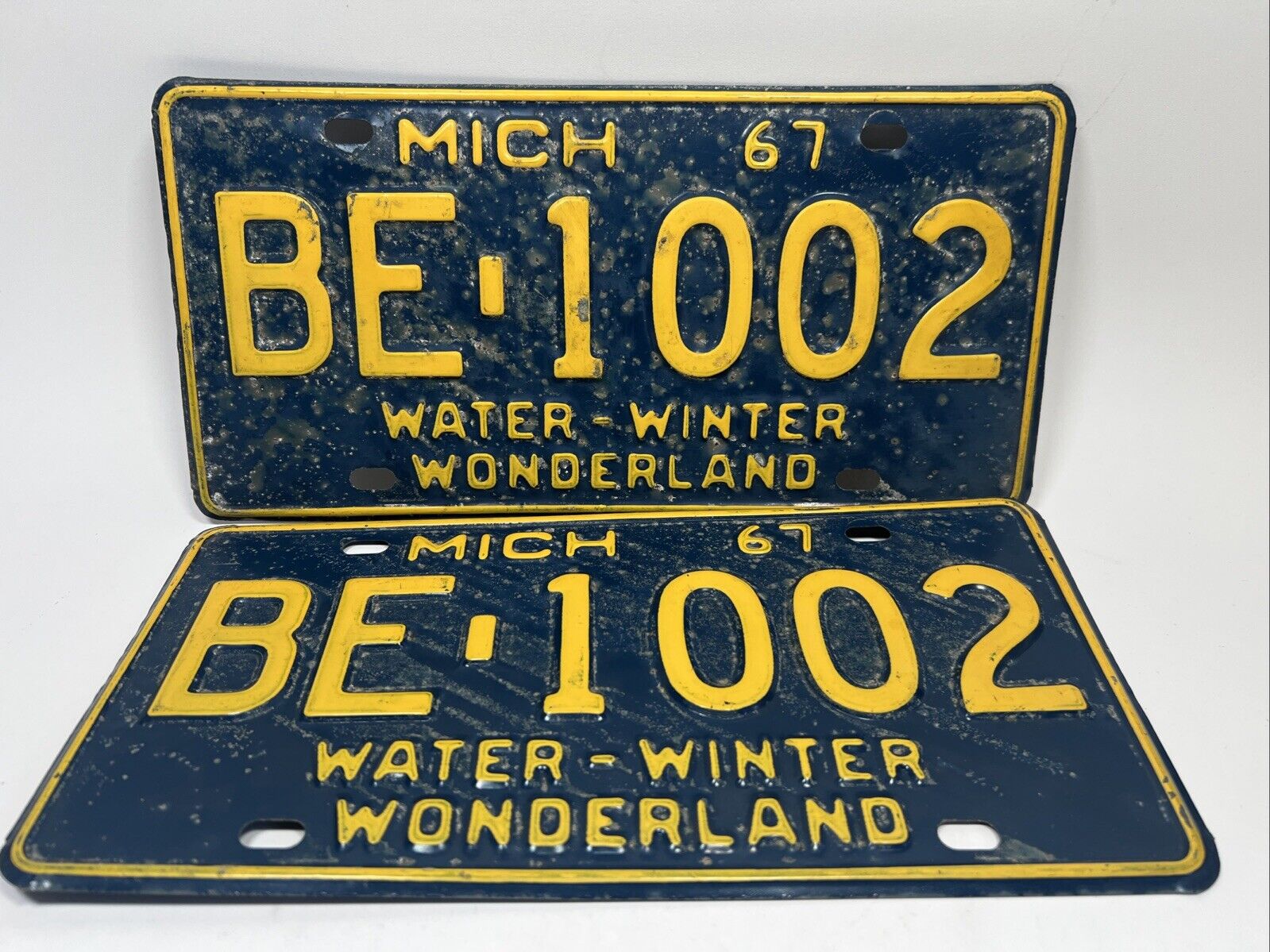 Vintage 1967 MICHIGAN License Plate Set Pair Matching Water Winter Wonderland