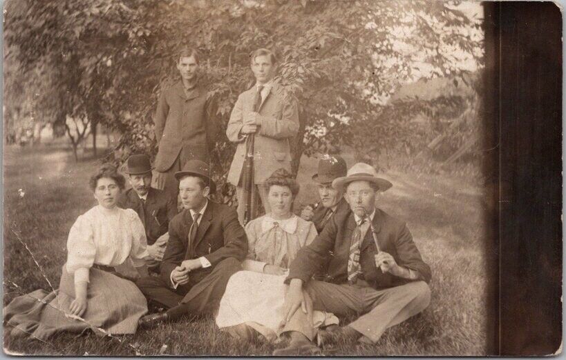 1908 FERGUS FALLS Minnesota RPPC Real Photo Postcard Teenagers Outing Picnic