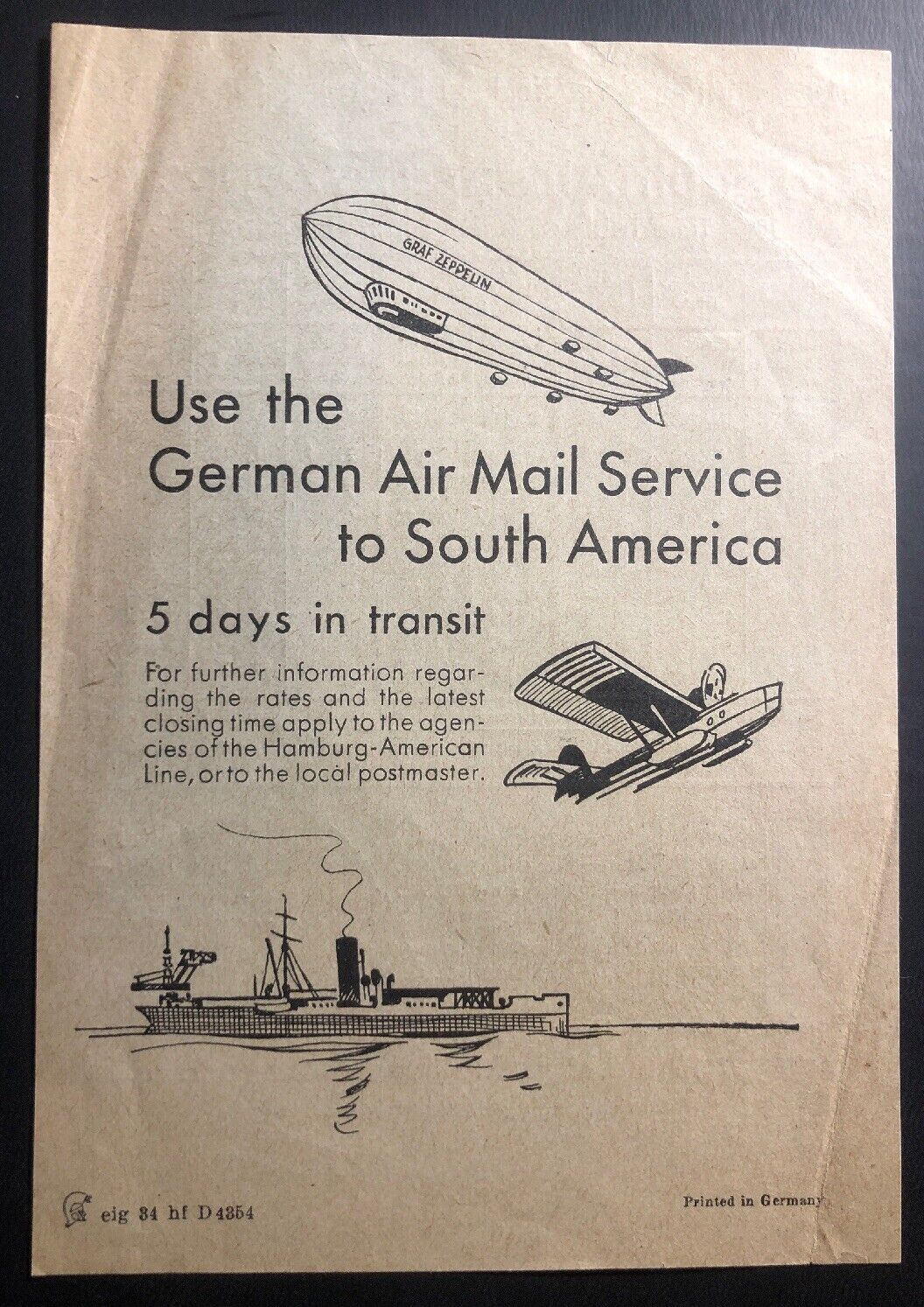 Original 1934 Graf Zeppelin Timetable 10 Days Trip German Airmail Service S Amer