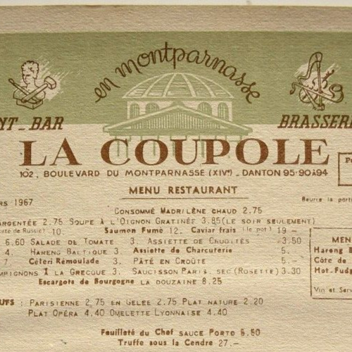 1967 La Coupole Brasserie Restaurant Menu 102 Boulevard Du Montparnasse Paris