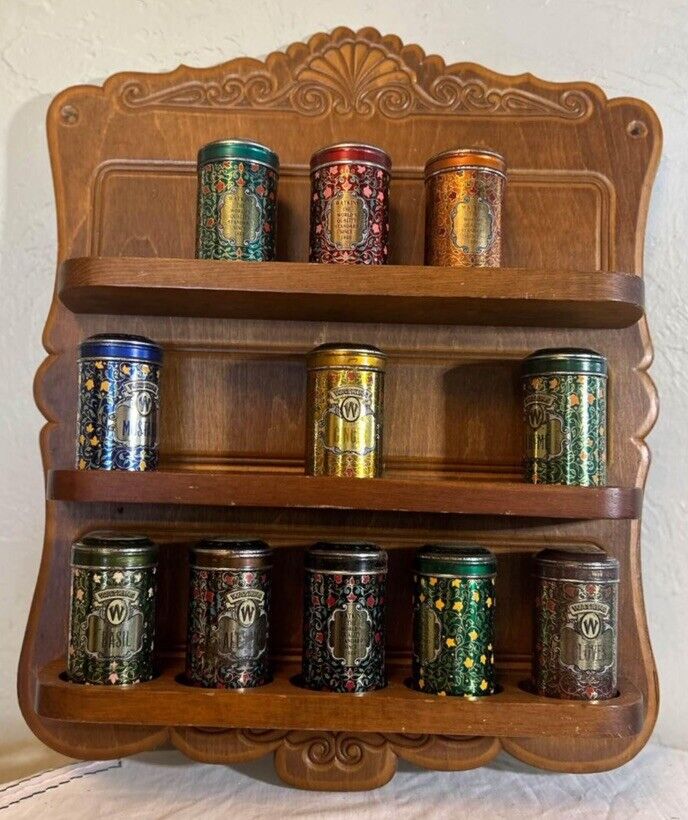 Vintage Carved Wood Spice rack With Eleven Tins 21 1/2x16 1/2 inches