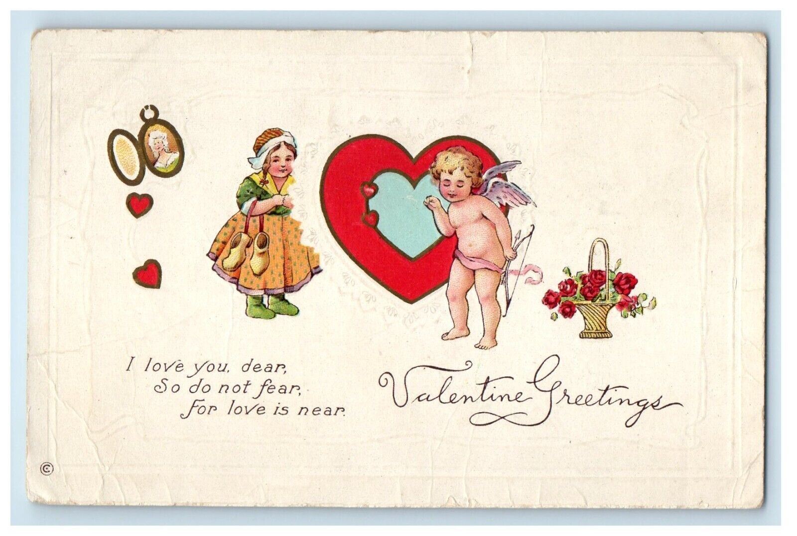 c1910\'s Valentine Greetings Dutch Girl Cupid Angel Hearts Flowers Postcard