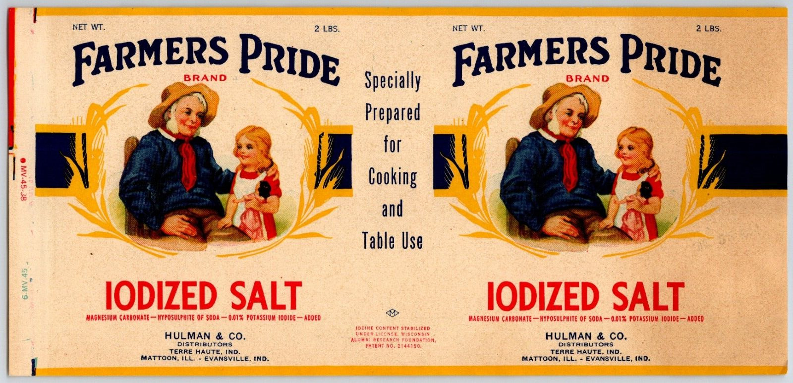 Farmer\'s Pride Iodized Salt Paper Label c1945 Hulman & Co. Mattoon, IL Girl Dad