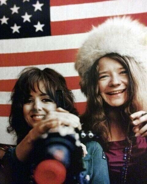 Janis Joplin & Grace Slick 1967 smile in front of American flag 24x36 Poster