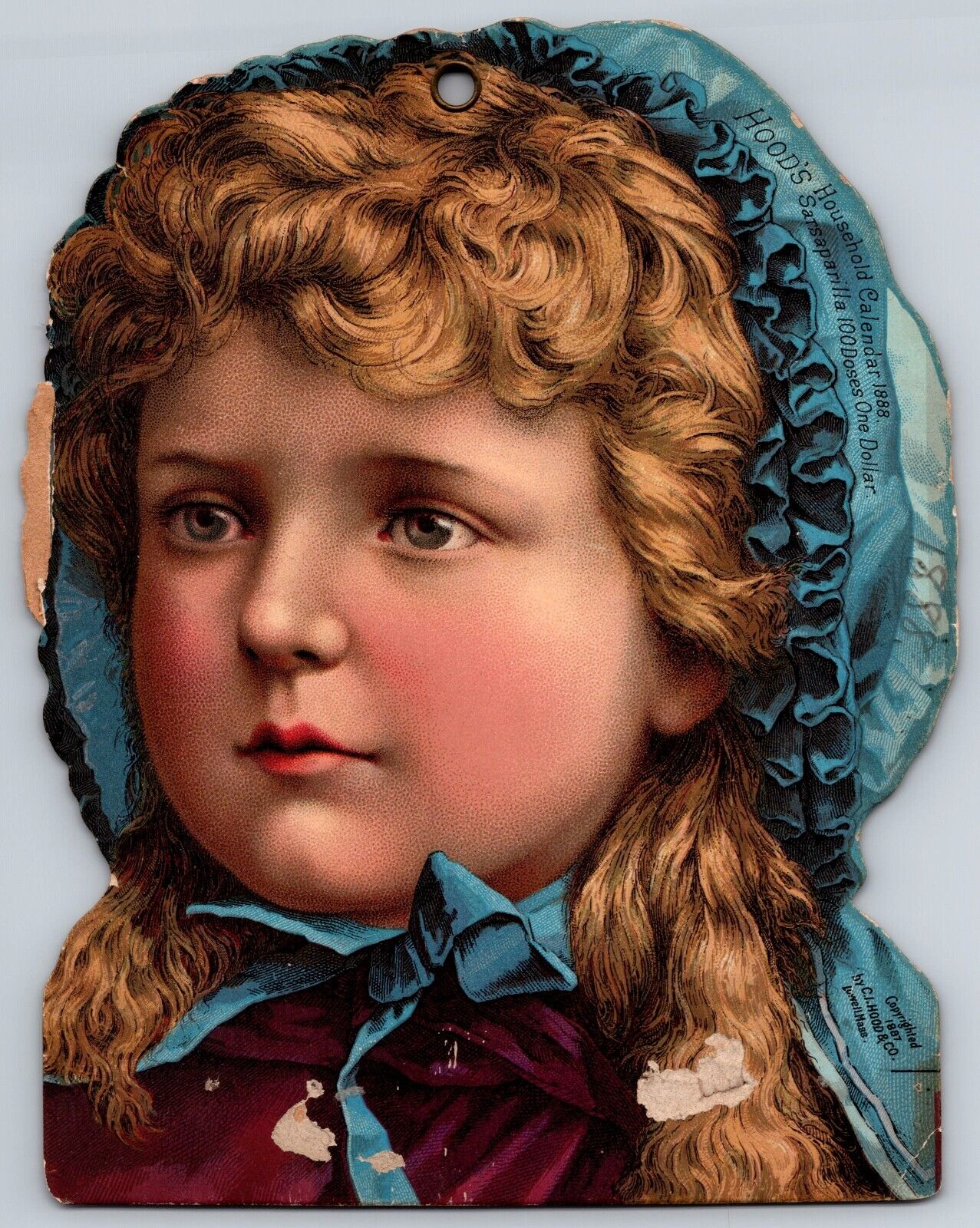 Vintage 1888 Advertising Calendar -- Hood's Sarsaparilla-- Girl's Head