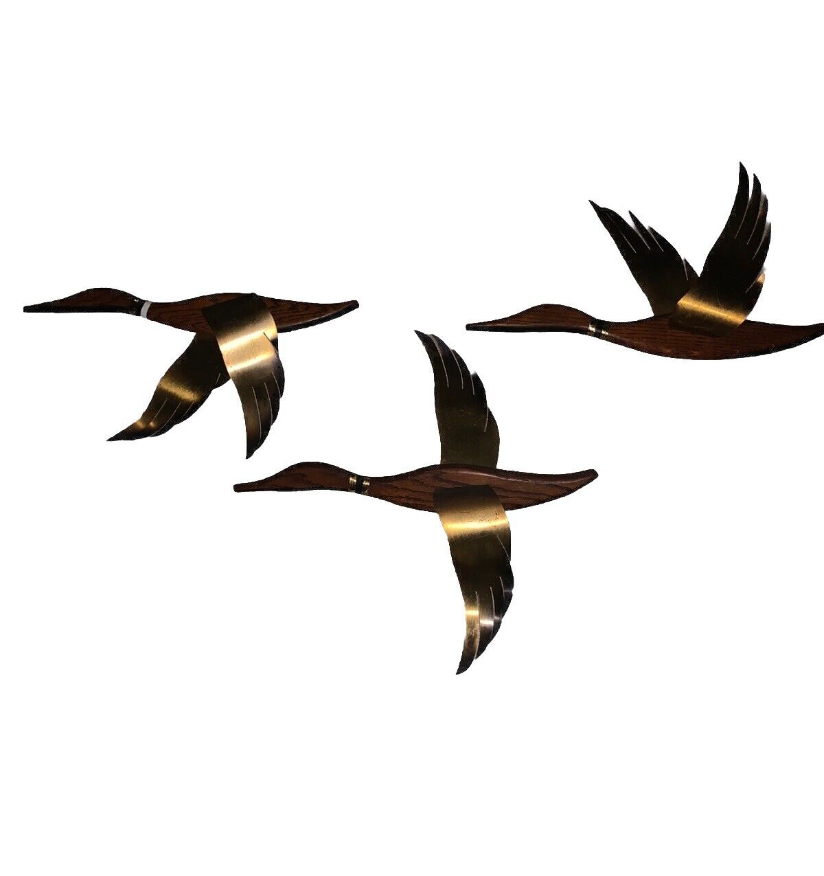 Set 3 VTG Flying Geese Ducks Wall Art Decor MCM Wood Brass Birds Masketeers 