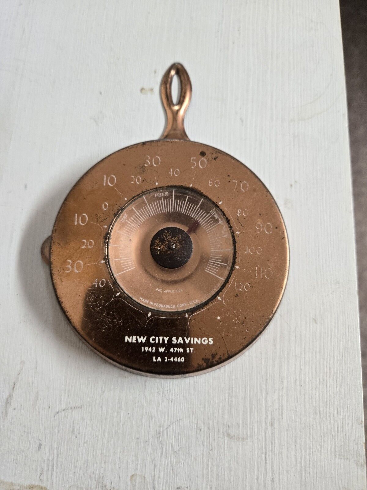 Vintage Metal FRYING PAN Thermometer Cooper Advertising Copper Or Bronze Color.