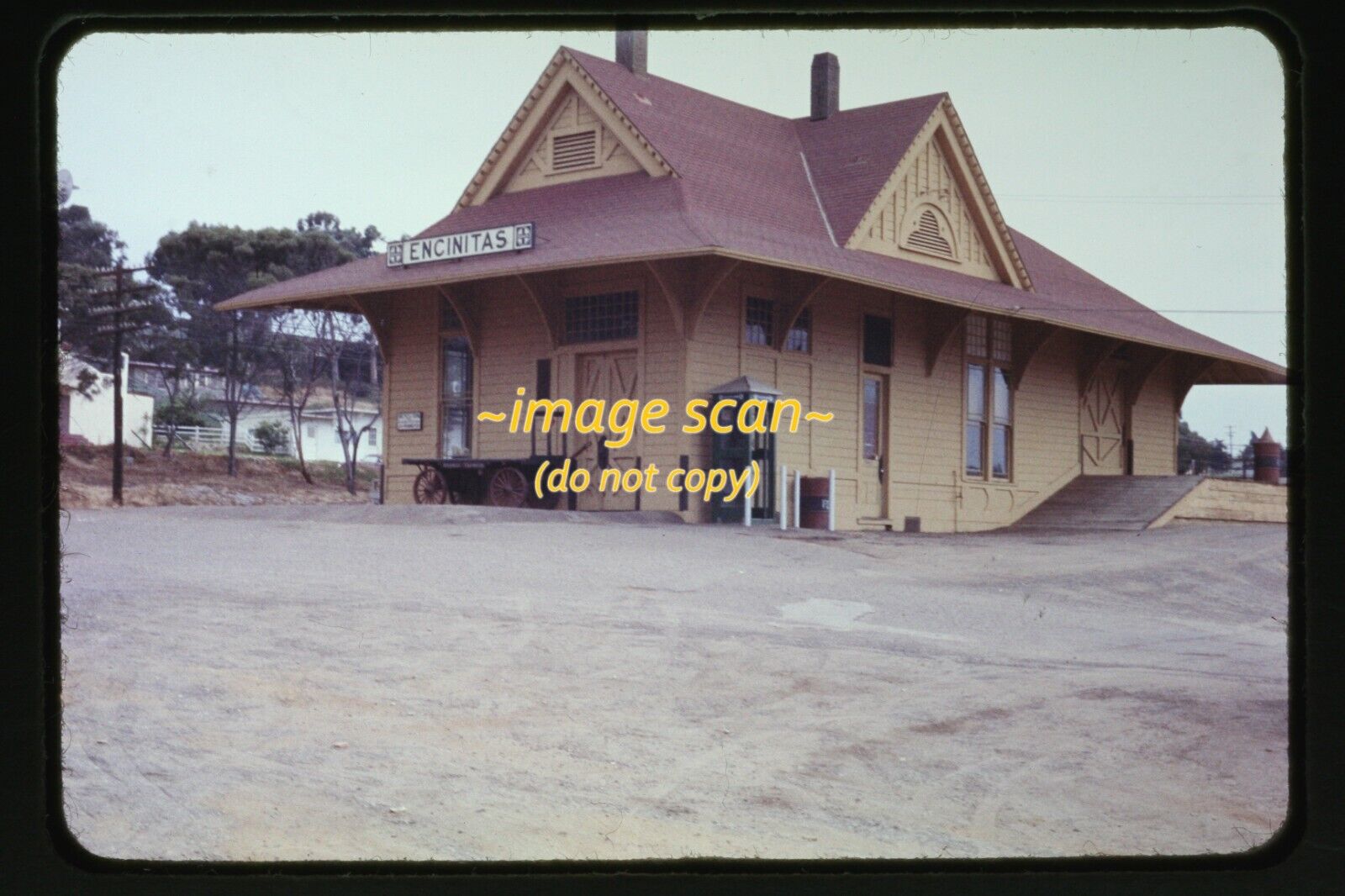 SF Santa Fe, Encinitas, California Railroad Depot in 1958, Original Slide j28a
