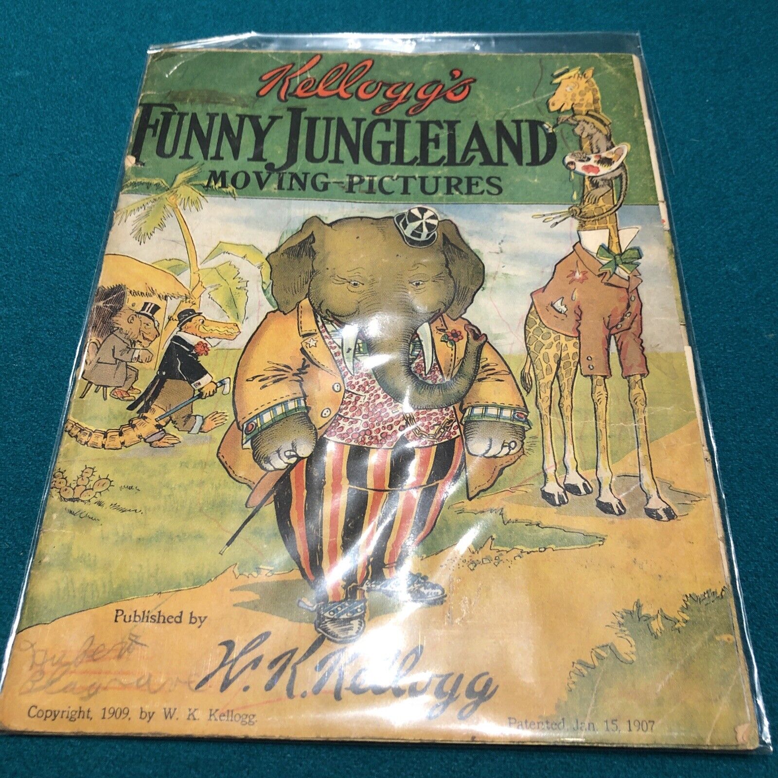 Antique Vintage Kellogg's Funny Jungleland Moving Pictures Childrens Book 1909