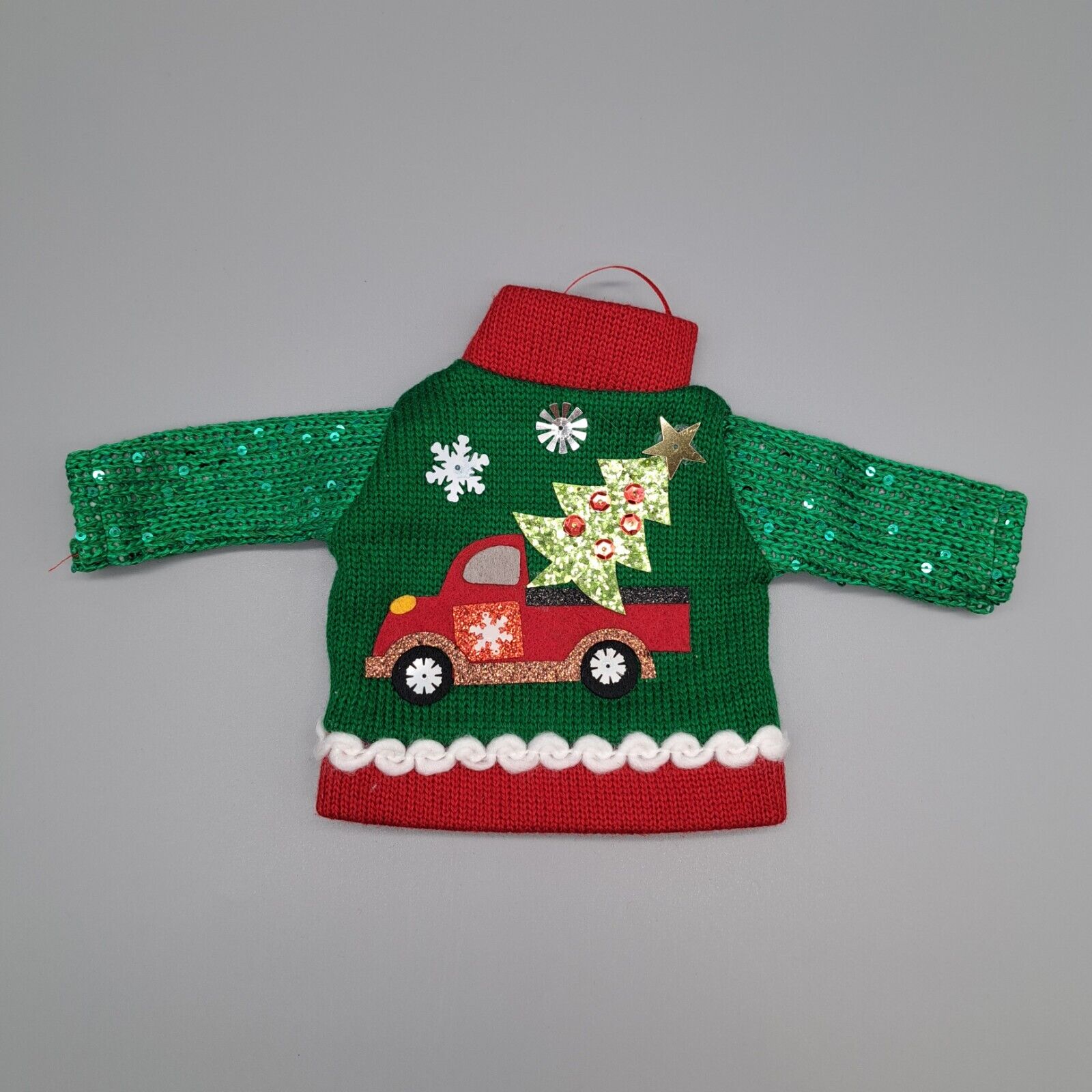 Ugly Christmas Sweater Ornament Truck Tree Country Holiday Crocheted Sequins 