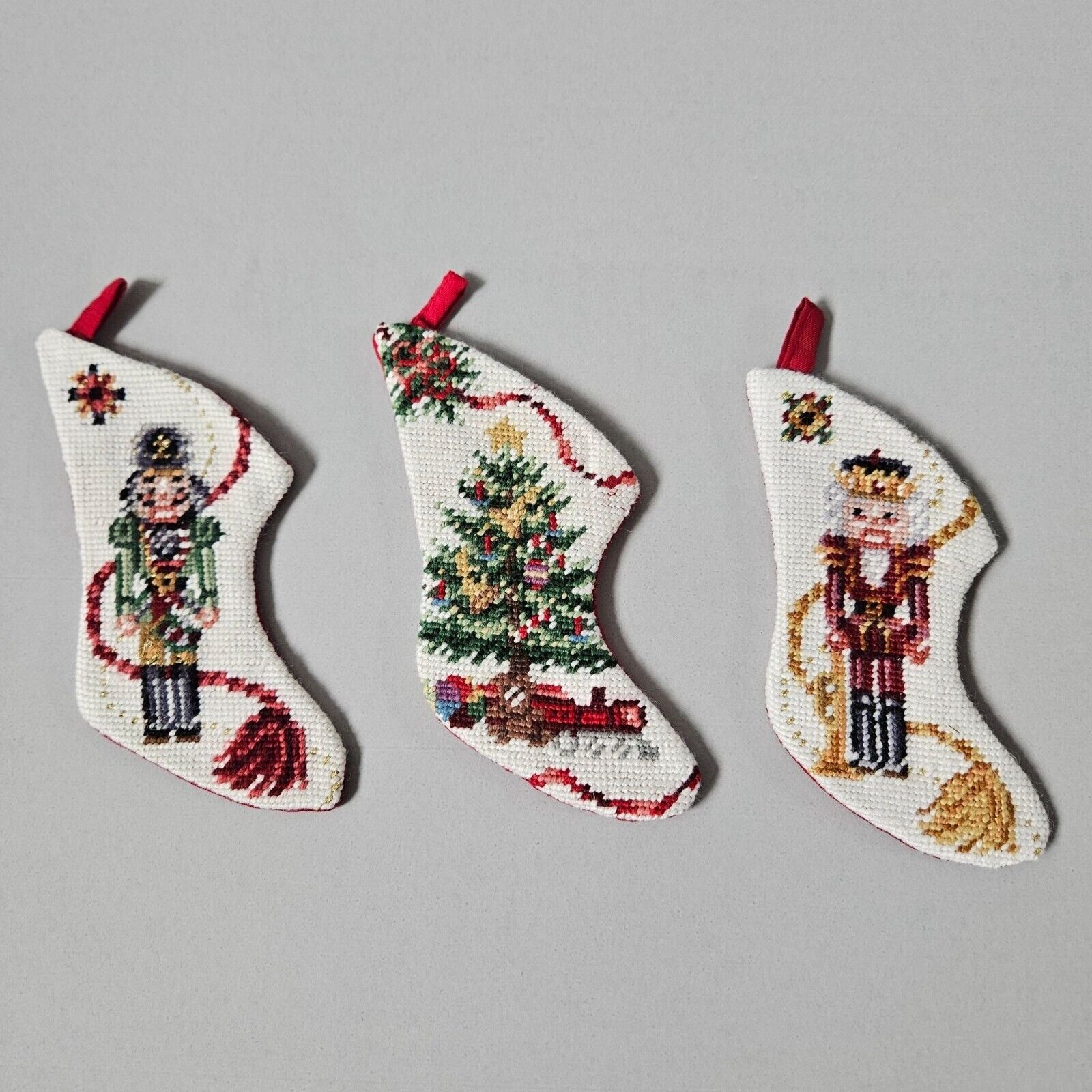 Miniature Needlepoint Christmas Stocking Ornaments Nutcracker Tree 3pc Set