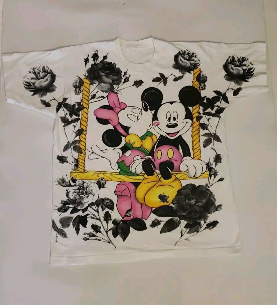 Vtg,  Mickey & Minnie Shirt Jerry Leigh Unlimited Art Flower Rose Single  Stitch