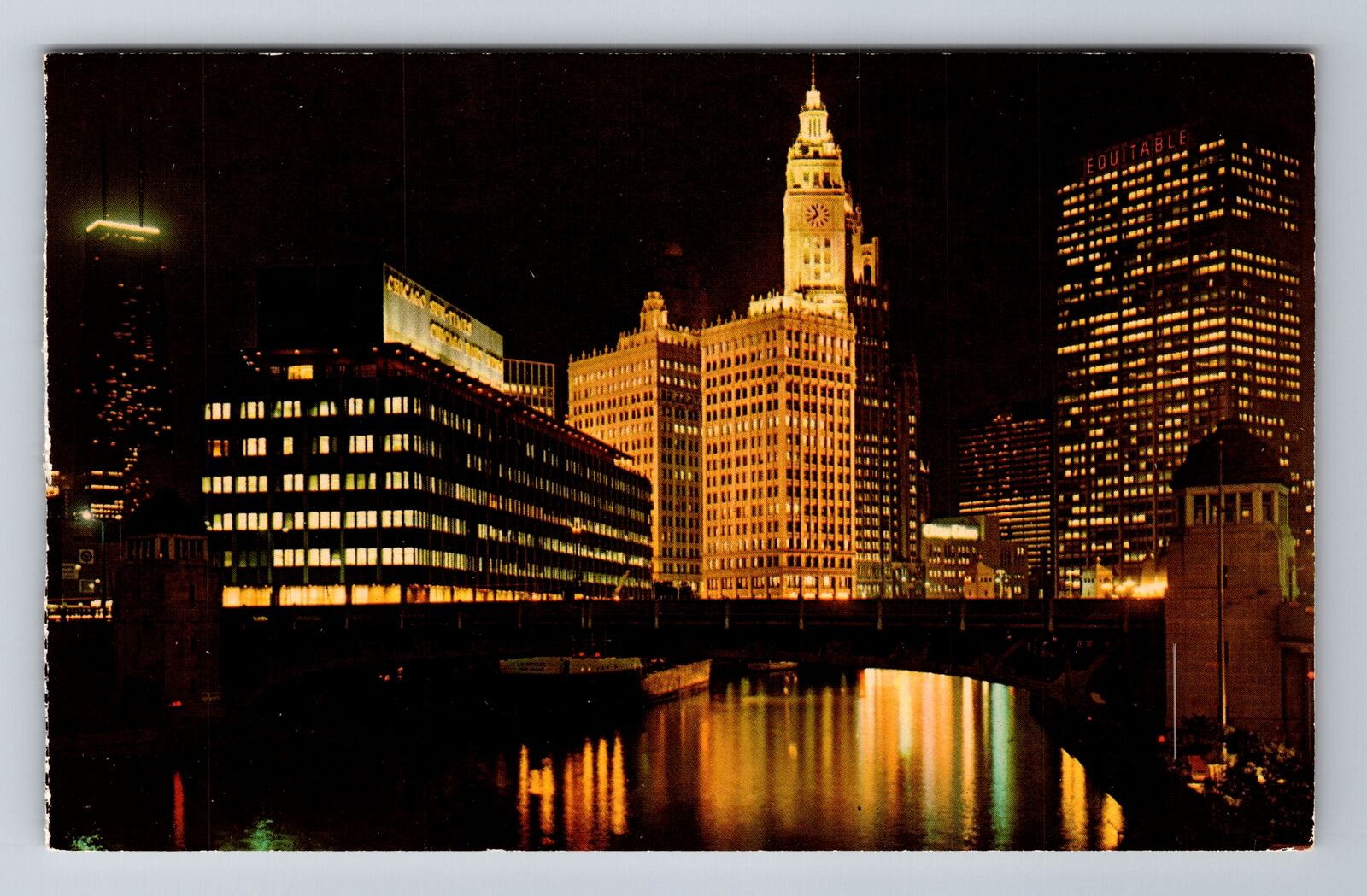 Chicago IL-Illinois, Chicago River at Night, Antique Vintage Souvenir Postcard
