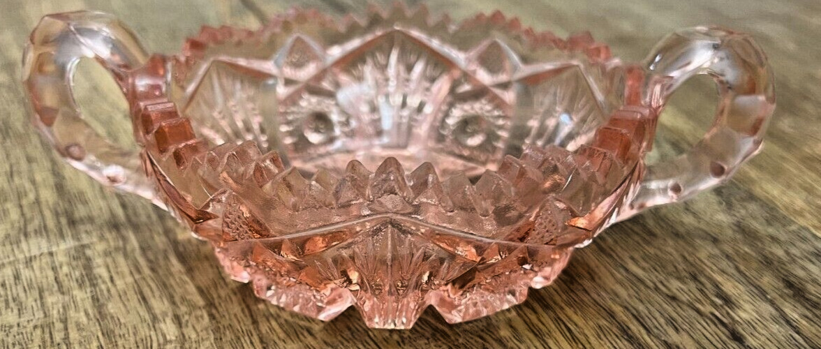 Vintage Glass Collectible Pink Clear Cut Etched Sawtooth Double Handled Bowl