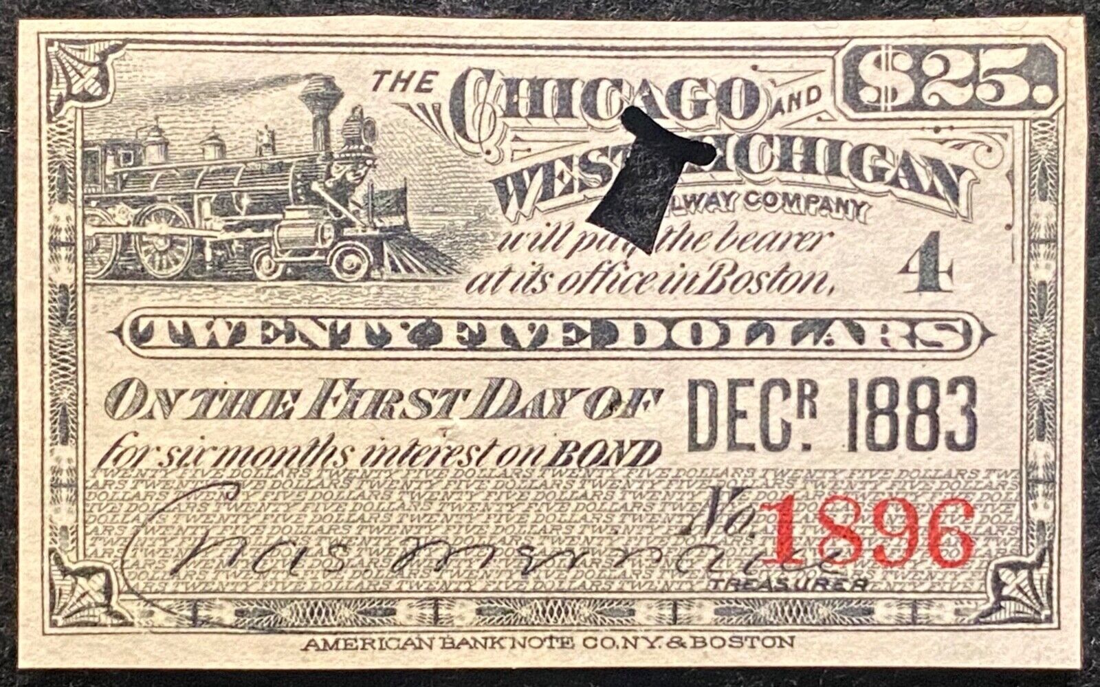 1883 ***THE CHICAGO WEST MICHIGAN RAILWAY COMPANY*** $25 STOCK INTEREST COUPON