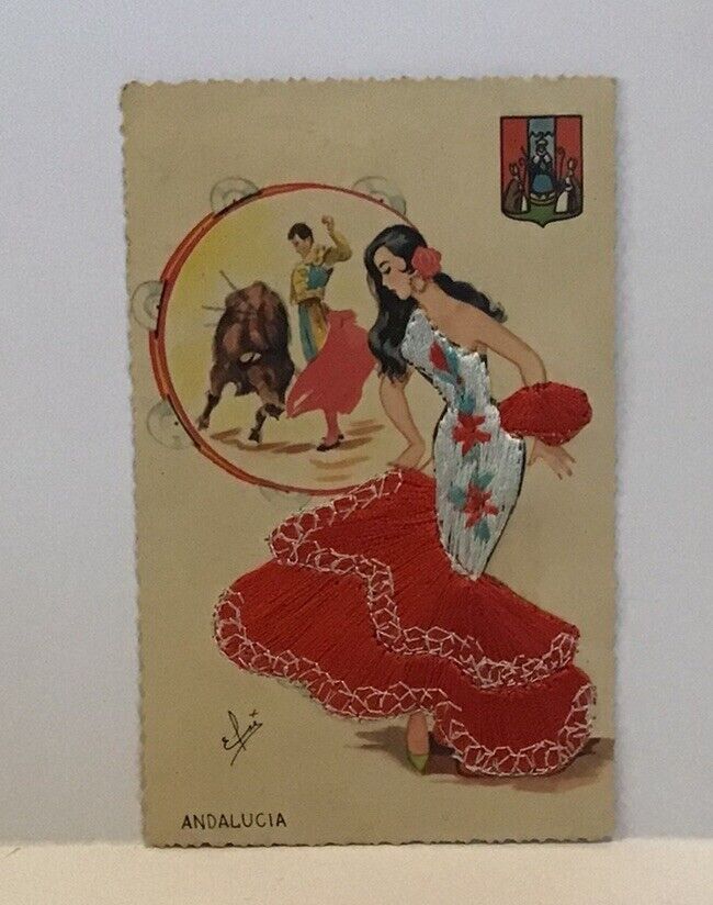 Andalucia 62' Silk Embroidered Dress Women Postcard Tarjeta Postal Made in Spain