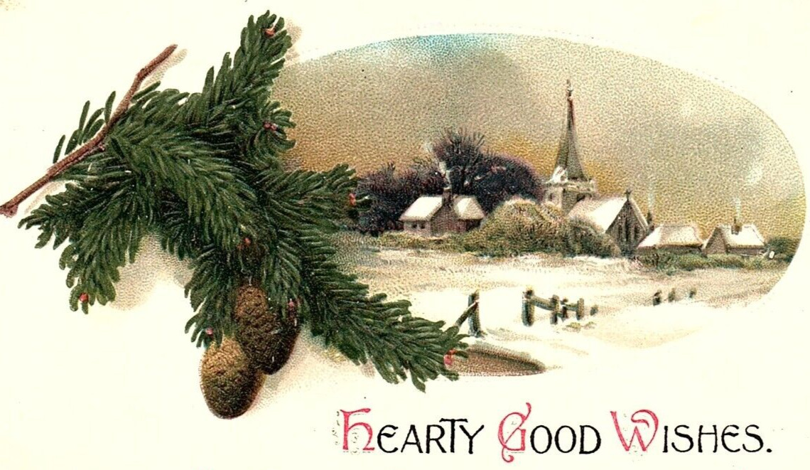 c1910 CHRISTMAS HEARTY GOOD WISHES CHURCH SNOW SCENE PINECOMBS POSTCARD 46-49