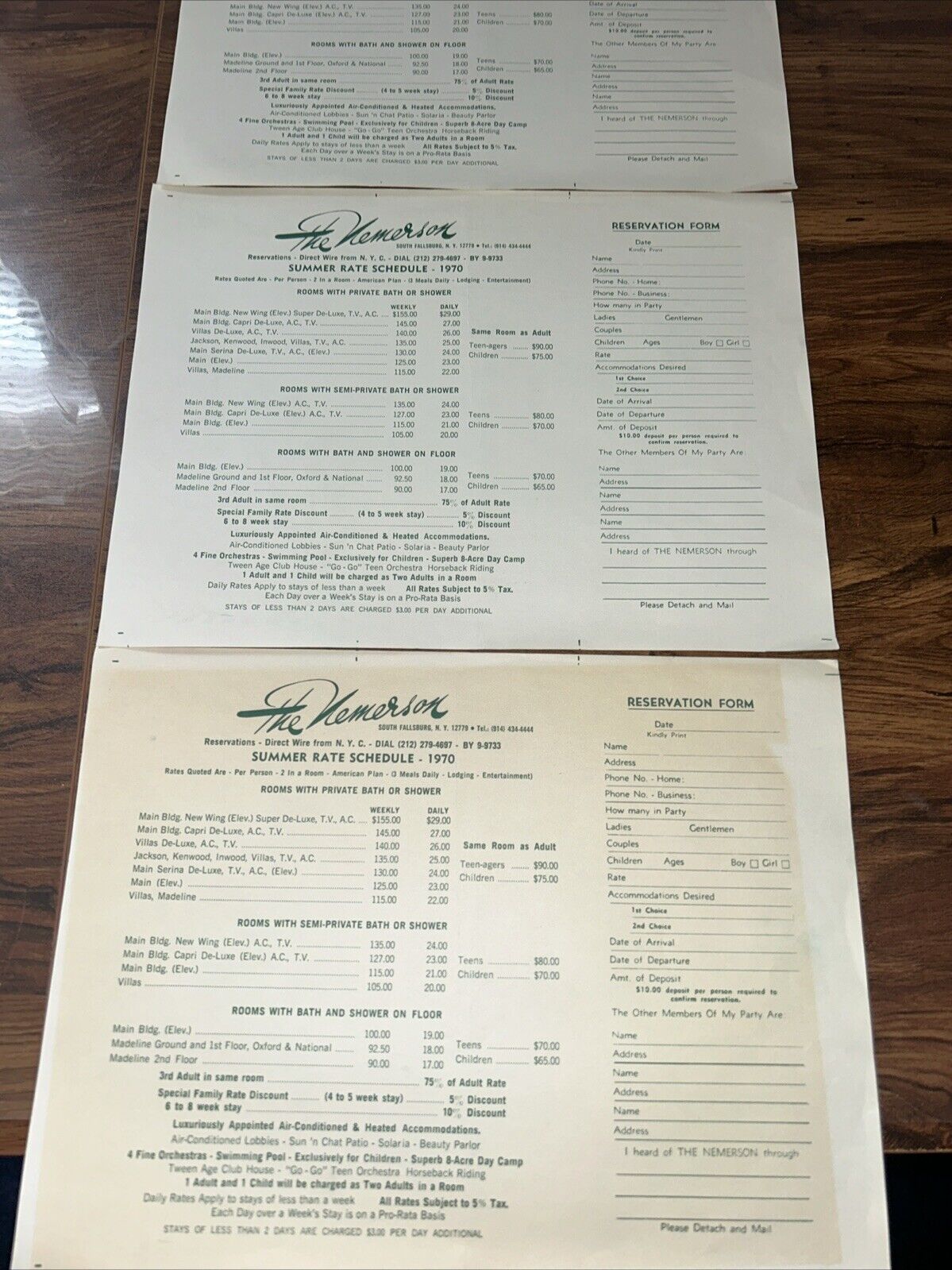 The Nemerson Hotel South Fallsburg NY Reservation Form 1970 Set of 3