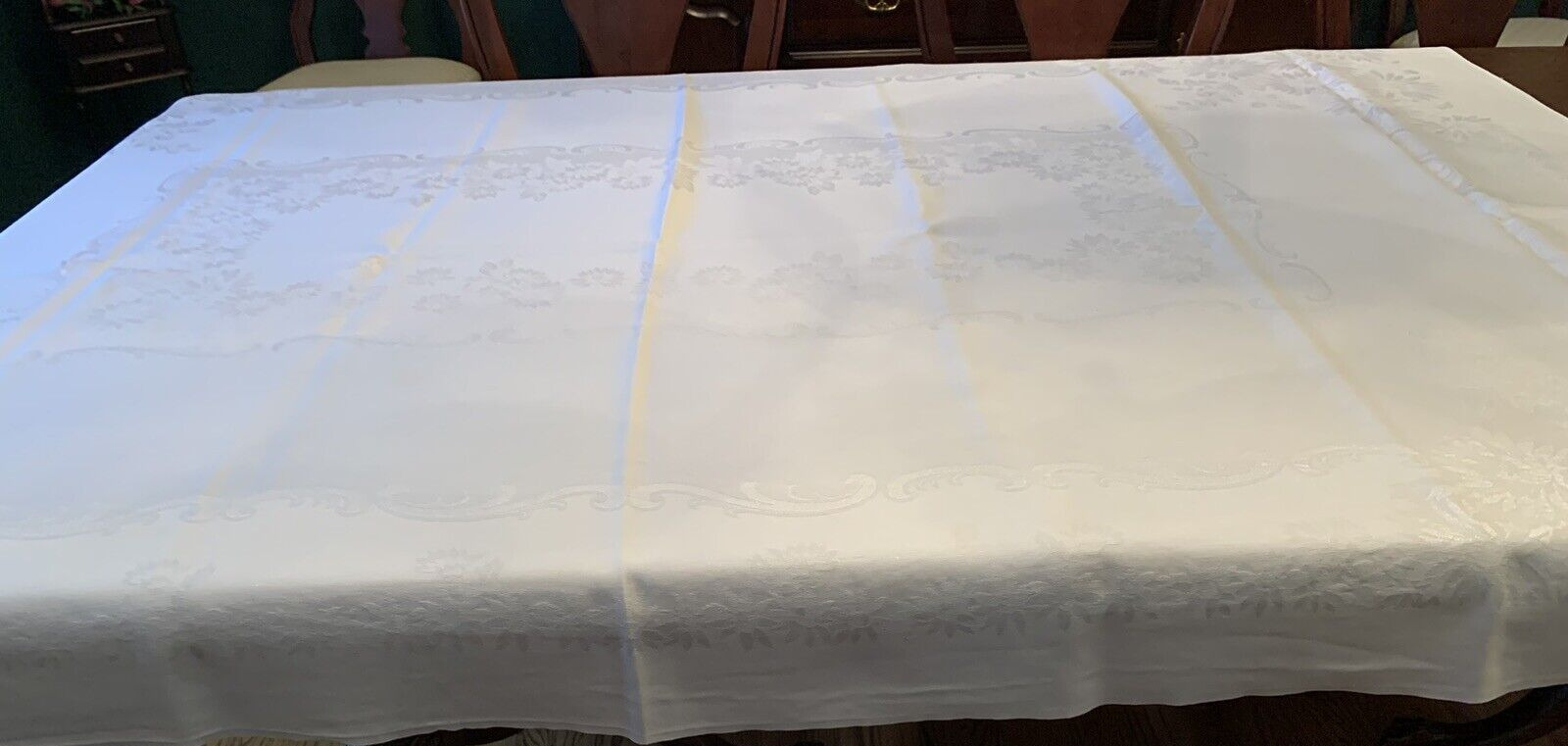 Vintage pre-loved elegant white with white floral print tablecloth 76 x 53 size