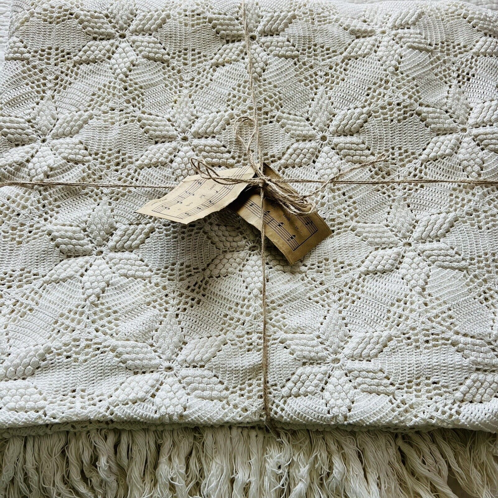 100”x82” Vintage Hand Crocheted Ivory Bedspread With Fringe.