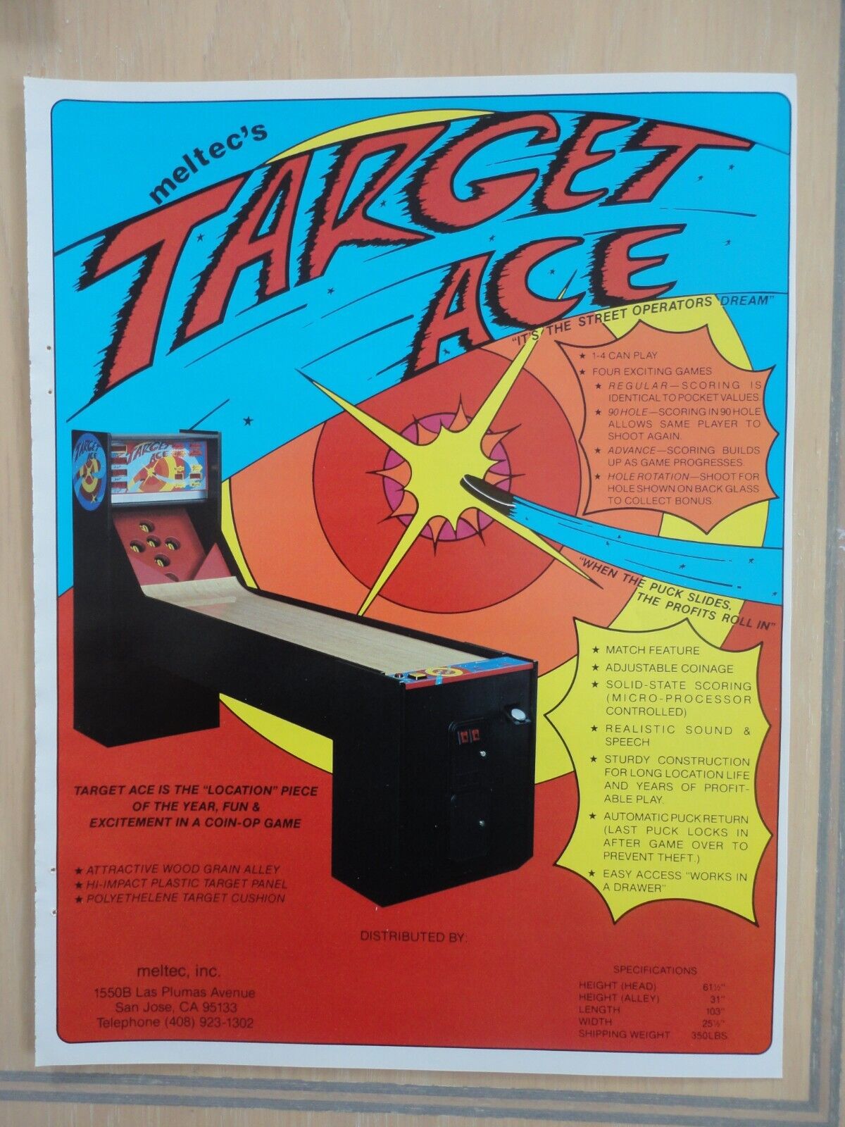 Meltec Target Ace Skee Ball Game Flyer Original Magazine Pull Out Ad