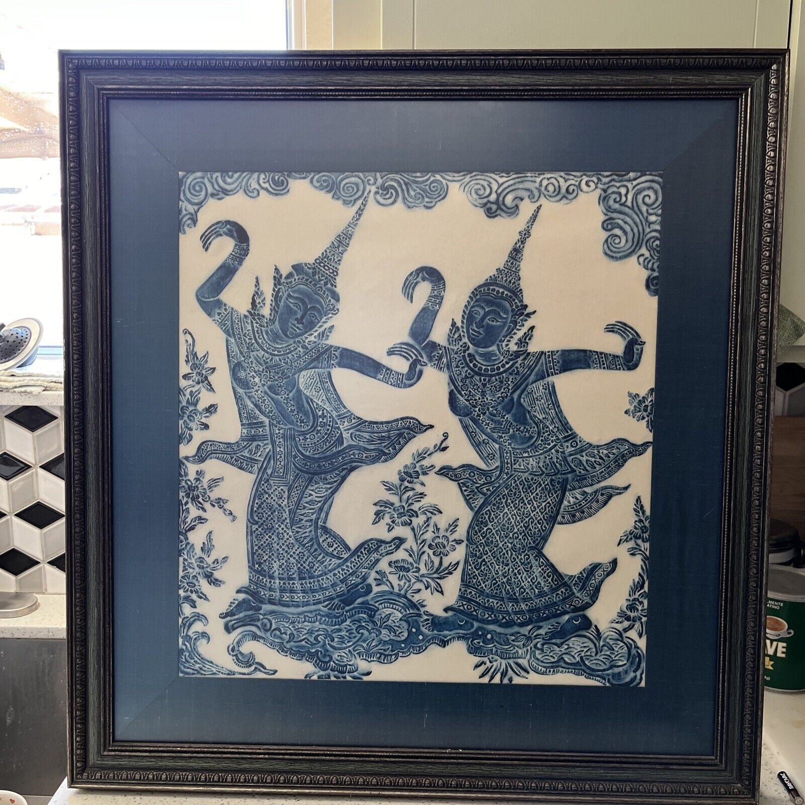 Vtg 1970’s Thai Charcoal Rubbing Rice Paper Art Framed Blue Temple Dancers