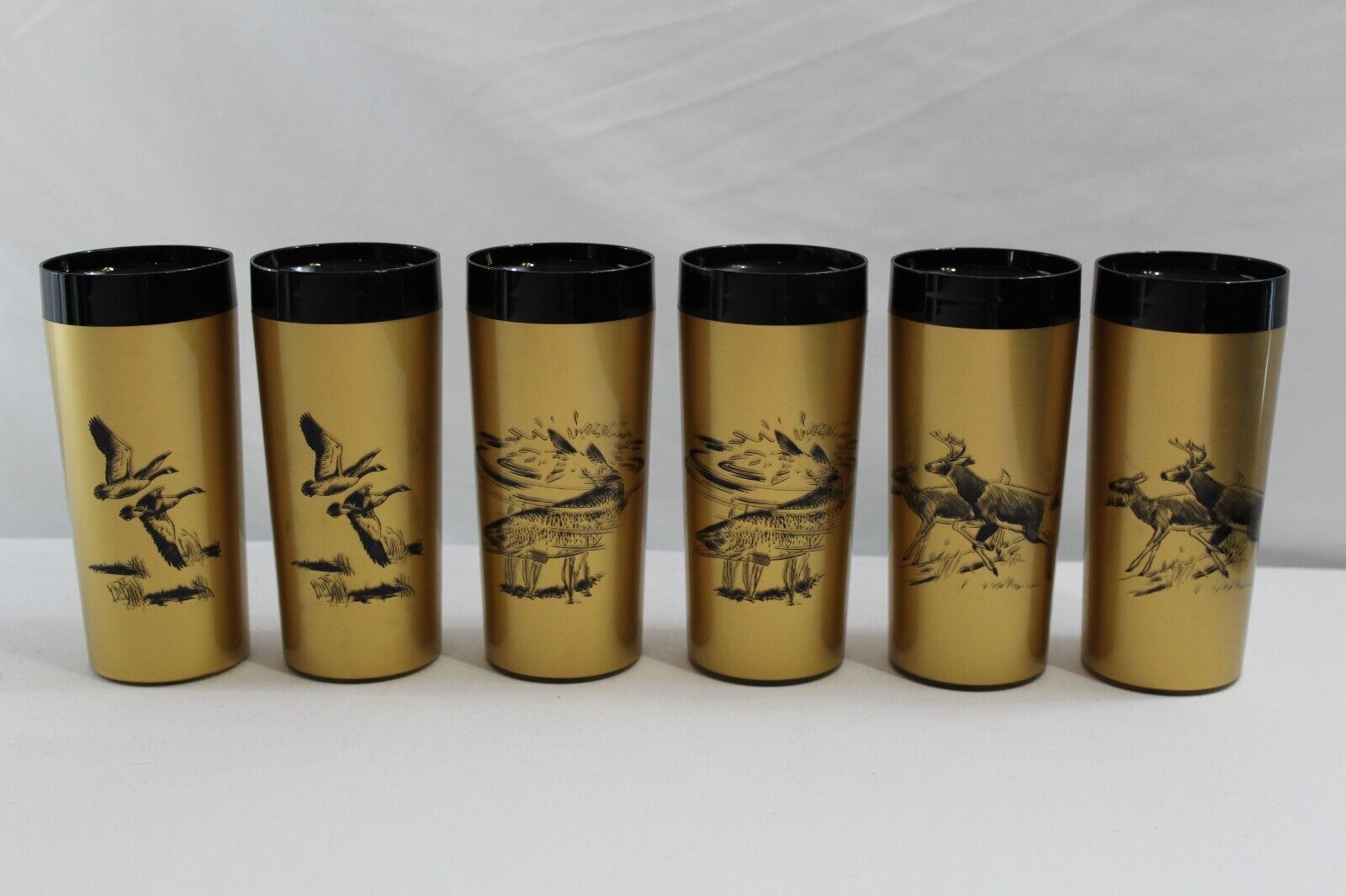 Set of 6 Nfc Insulated Gold Black Geese Deer Fish Design Plastic Tumbler 6.5\