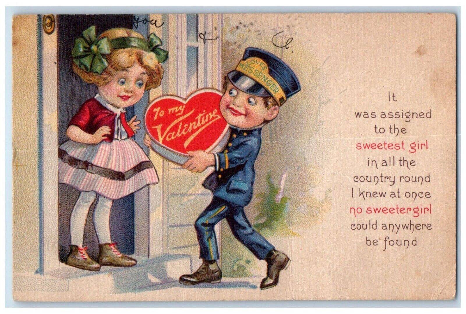 c1920\'s Valentine Messenger Man Delivering Present Heart Ludlow VT Postcard