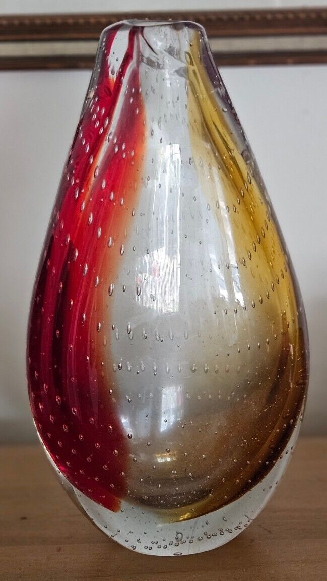 STUNNING  ITALIAN AMBER RUBY BUBBLE DROP GLASS VASE HEAVY MURANO  11