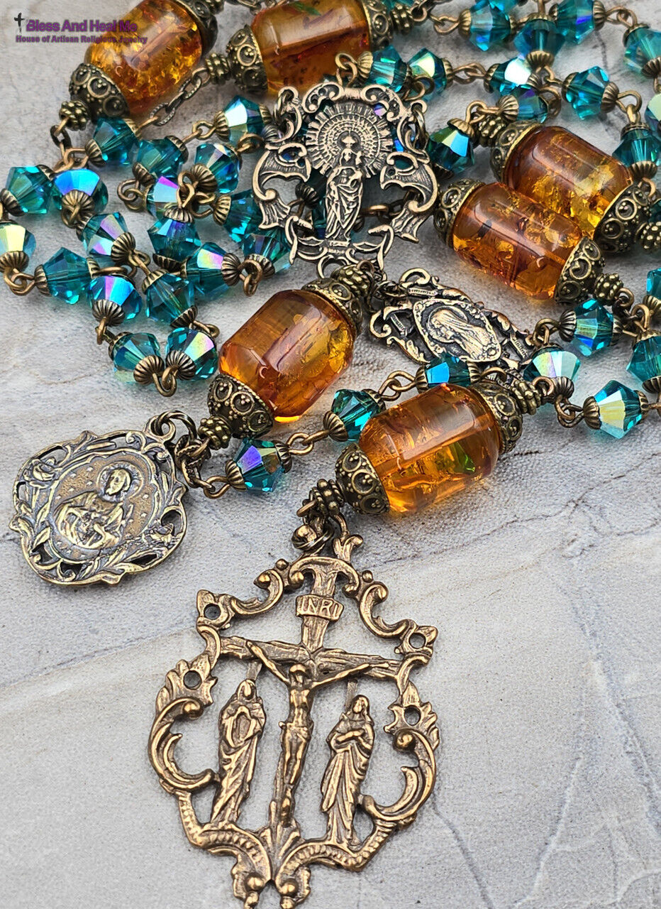 Lady of the Pillar, Jesus Heirloom Rosary -Bronze, Swarovski crystal,Honey Amber