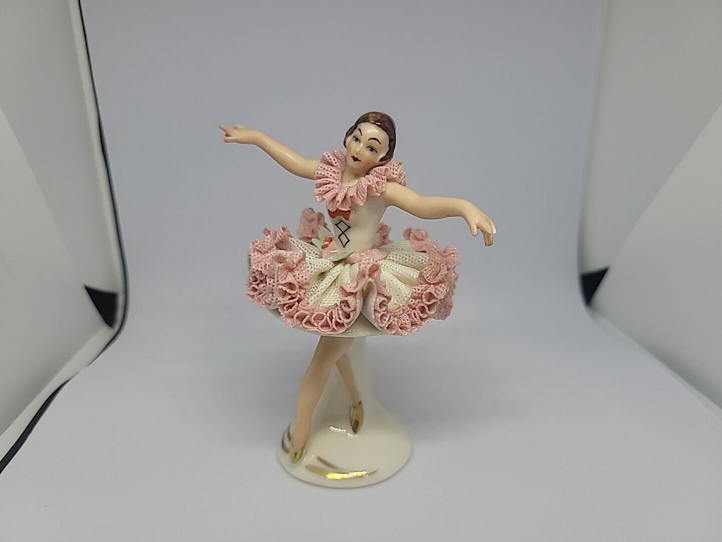 Dresden porcelain lace figurine Germany Stamped Antique Pink Ballerina 