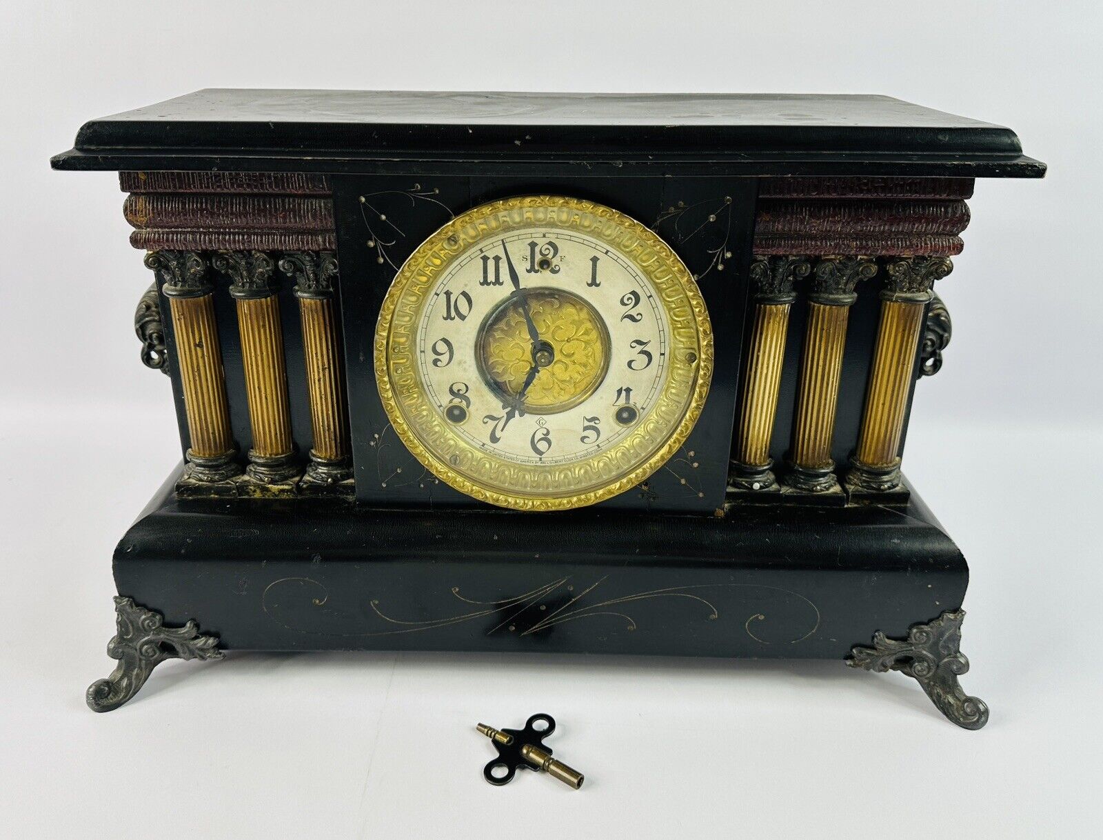 Antique 1912 W. M Gilbert Wooden Architectural Mantle Clock w/Original Key