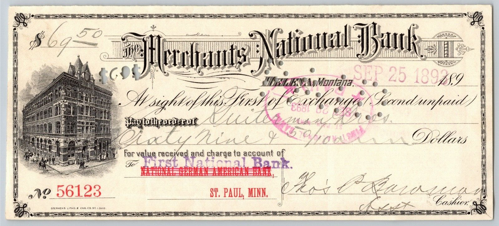 Helena Montana Merchants National Bank Check 1893 First St. Paul, MN w/ Vignette