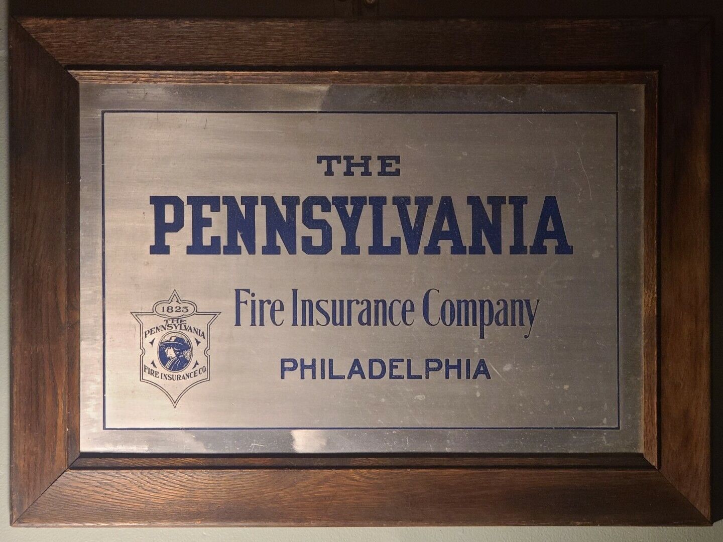Turn of Century PENNSYLVANIA FIRE INSURANCE Co PHILADELPHIA Wood Framed Tin Sign