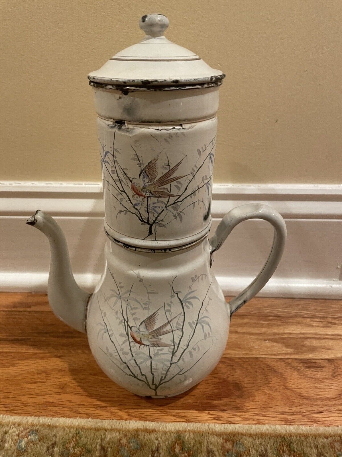 Unique Shaped Vintage White Enamelware biggin coffee pot w/ painted bird design 