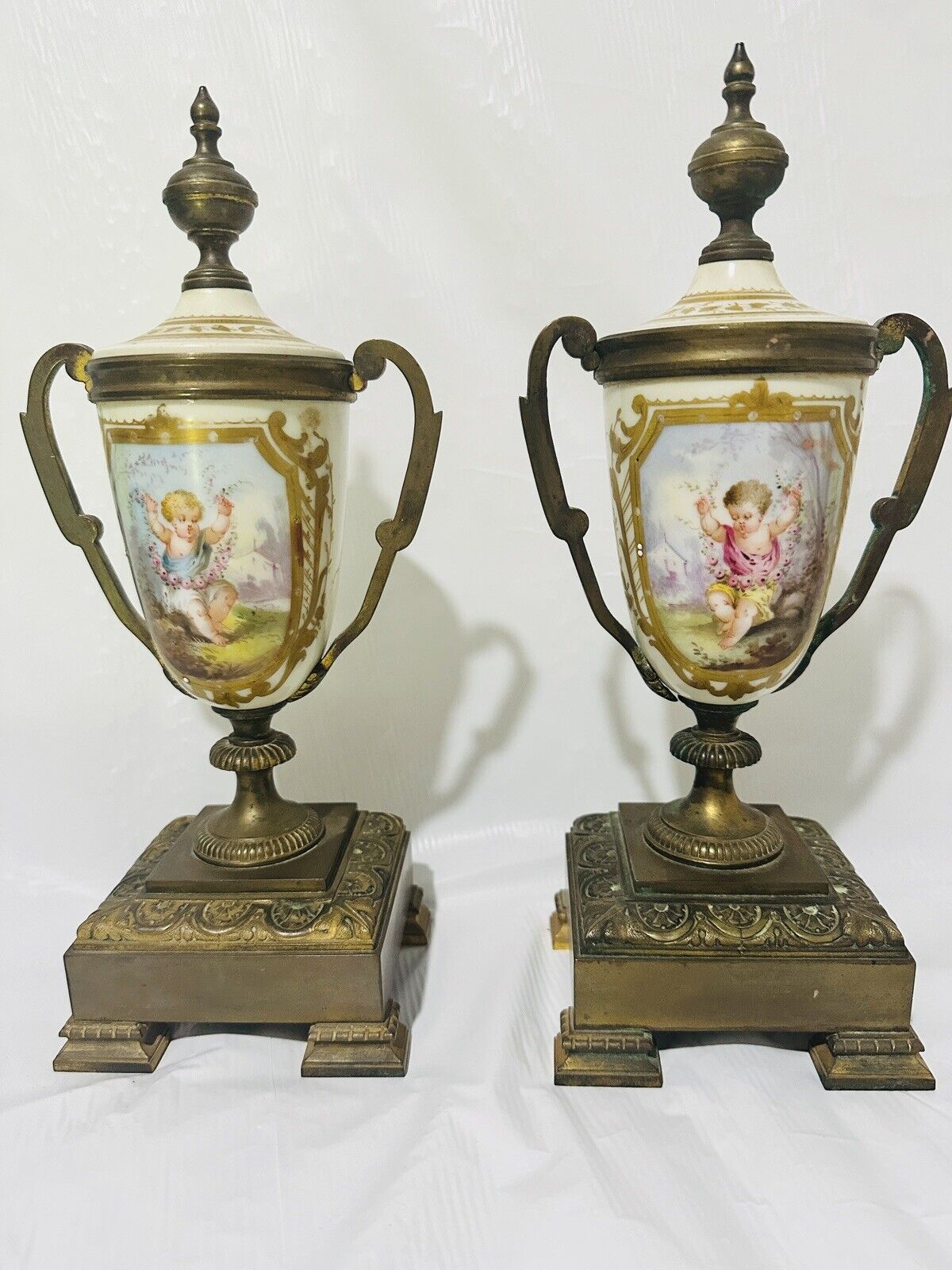Pair Of Hand Painted French Style Porcelain Romantic Style Victorian Urns 11”H
